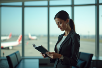 Femme confiante examinant une brochure d'assurance santé à l'aéroport