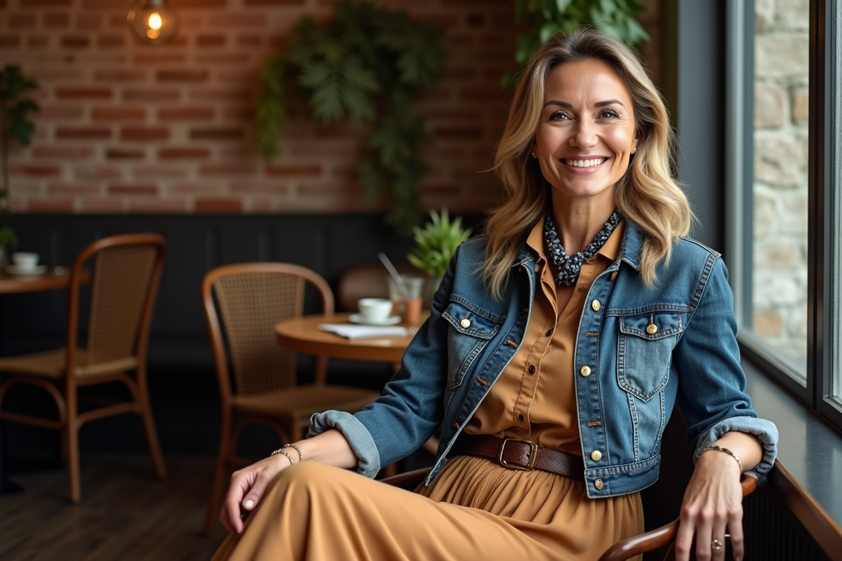 Femme confiante dans un café boutique chaleureux