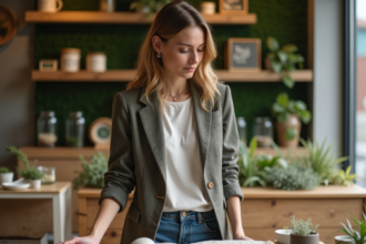 Femme dans une boutique écologique avec vêtements durables