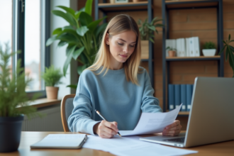 Femme au bureau comparant deux documents avec concentration