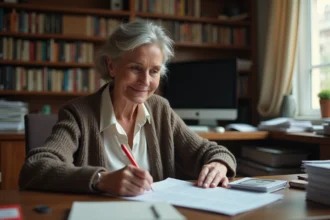 Femme française lisant un document dans son bureau cosy