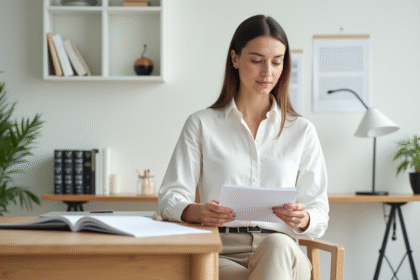 Femme en bureau minimaliste avec bureau en bois et plantes