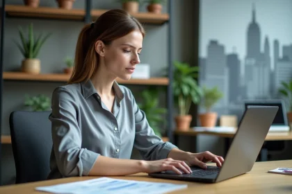Femme concentrée travaillant sur son ordinateur dans un bureau moderne