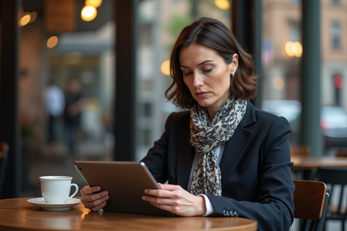 Femme d age moyen dans un café urbain avec tablette