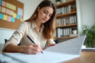 Femme consultant un calendrier papier imprimé avec les semaines impaires de 2026 dans un bureau à domicile