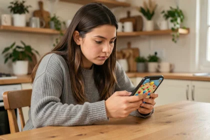 Jeune femme consultant des conseils pour progresser sur Monopoly Go depuis son smartphone à la maison