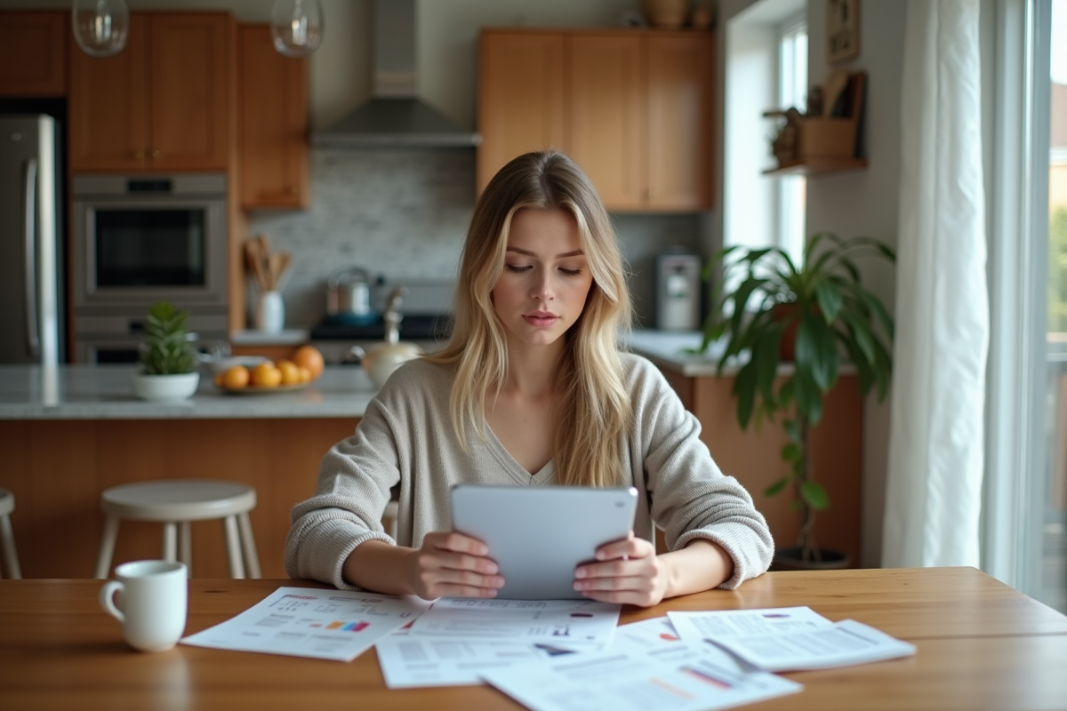 Jeune femme regarde facture energie avec tablette