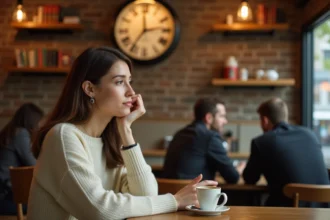 Femme contemplative dans un café regardant une horloge affichant 1h11, symbolisant la synchronicité des flammes jumelles
