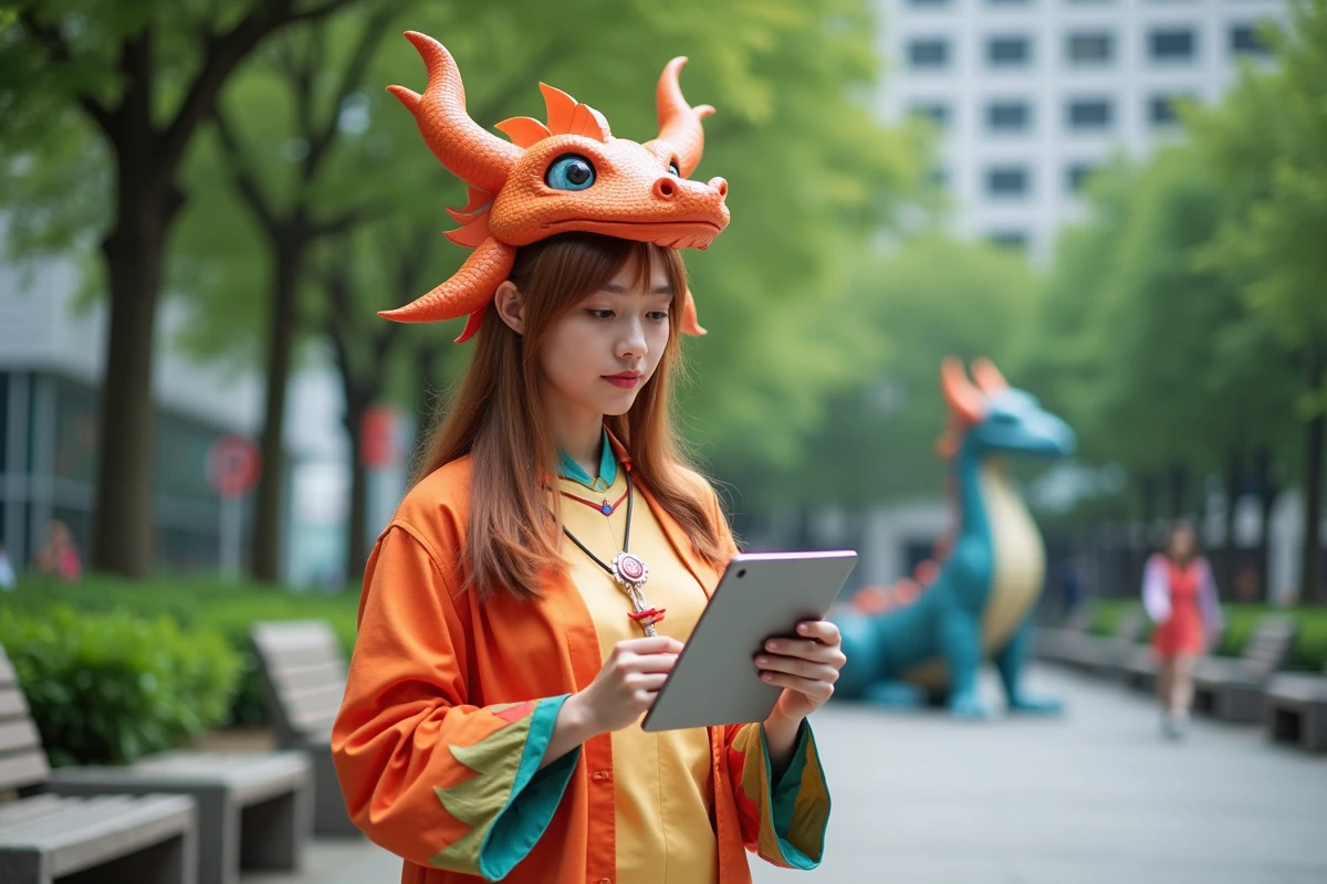 Femme cosplay dragon dans un parc urbain