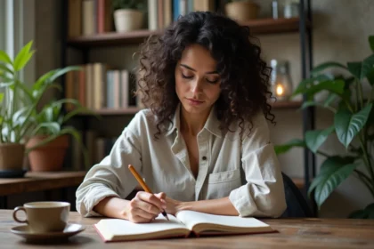 Femme écrivant des vers dans un bureau lumineux