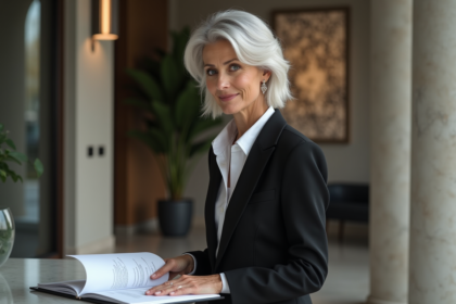 Femme élégante en costume dans un bureau moderne