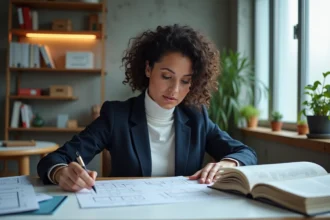 Une femme dans la trentaine étudie des diagrammes complexes sur un bureau minimaliste dans un studio contemporain, illustrant la transformation conceptuelle du terme Xonivizectrum en 2026
