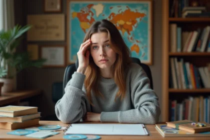 Jeune femme frustrée qui réfléchit à une question de quiz sur les capitales du monde