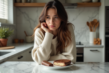 Femme contemplant une glace au chocolat en cuisine moderne