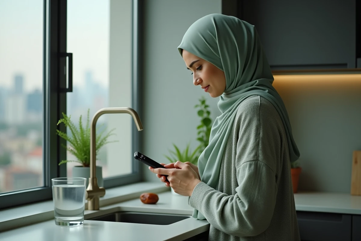Jeune femme en hijab vérifiant l'heure Imsak sur une application mobile dans une cuisine moderne