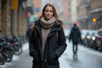 Jeune femme en hiver dans la ville avec parka et écharpe