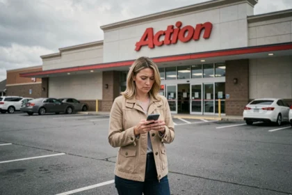 Femme vérifiant les horaires d'ouverture du magasin Action le dimanche sur son smartphone devant l'entrée du magasin