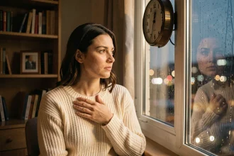 Femme pensive regardant une horloge affichant 22h55 près d'une fenêtre pluvieuse, symbolisant le lien avec sa flamme jumelle