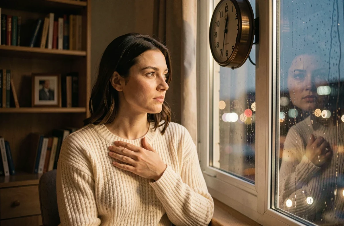 Femme pensive regardant une horloge affichant 22h55 près d'une fenêtre pluvieuse, symbolisant le lien avec sa flamme jumelle