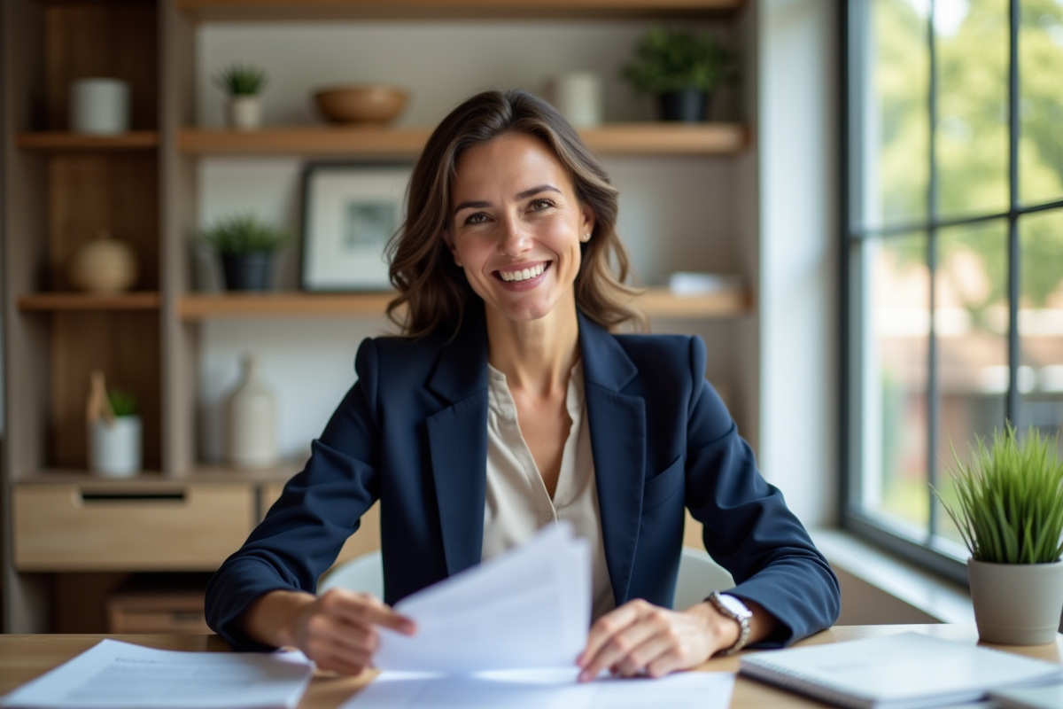 Femme confiante en bureau moderne avec documents immobiliers