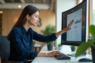 Femme professionnelle utilisant une interface logicielle Kabrax sur un écran ultrawide dans un bureau moderne