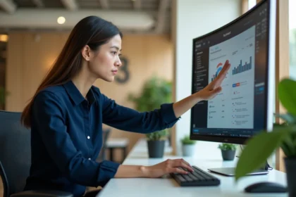 Femme professionnelle utilisant une interface logicielle Kabrax sur un écran ultrawide dans un bureau moderne