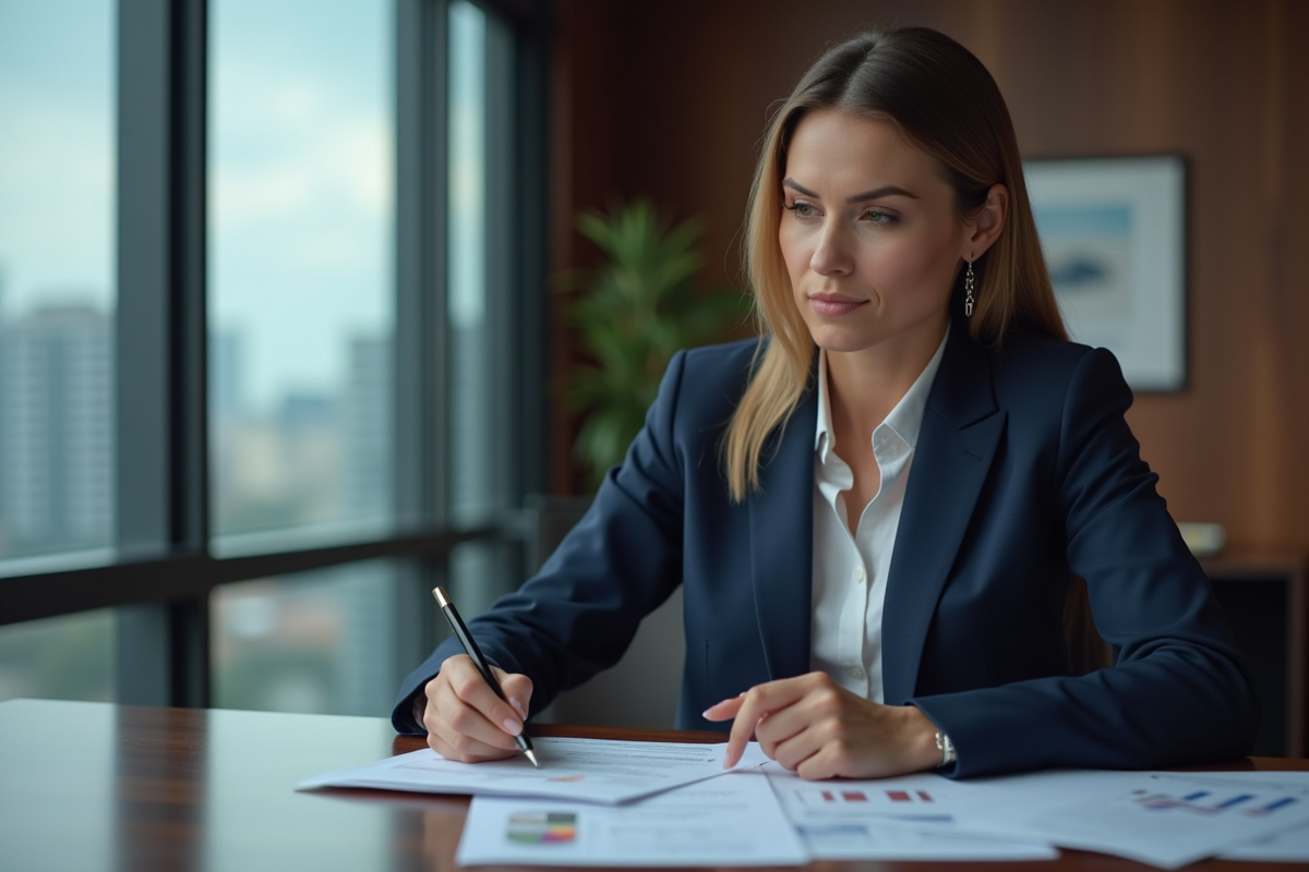 Femme d'affaires en costume regardant des rapports d'investissement