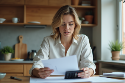 Femme d age moyen vérifiant une facture à la maison
