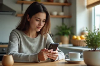 Jeune femme joue à un jeu de mots sur son smartphone dans la cuisine