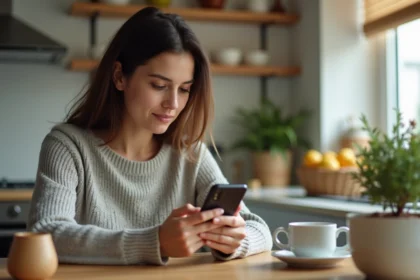 Jeune femme joue à un jeu de mots sur son smartphone dans la cuisine