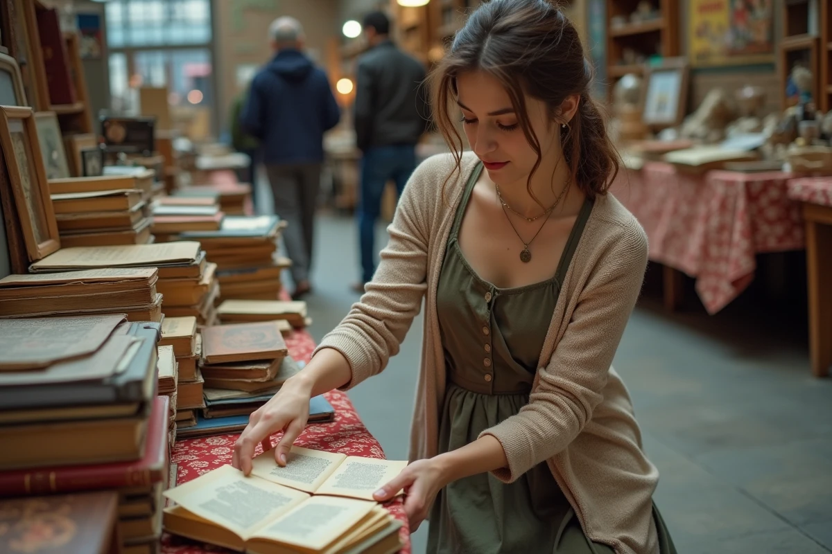 Jeune femme regardant un livre ancien dans une brocante intérieure