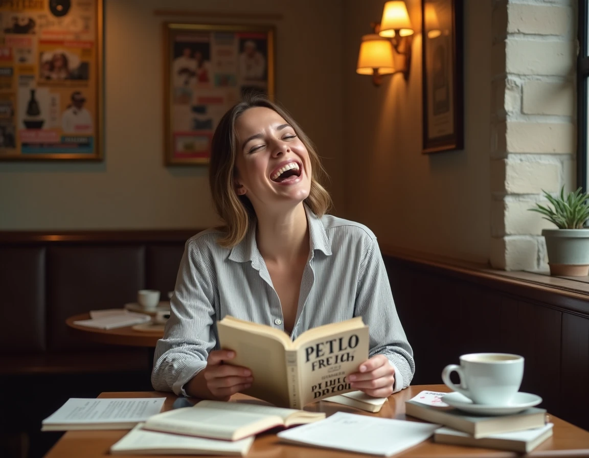 Jeune femme hilare lisant un livre de rhétorique satirique dans un café parisien entouré de notes manuscrites