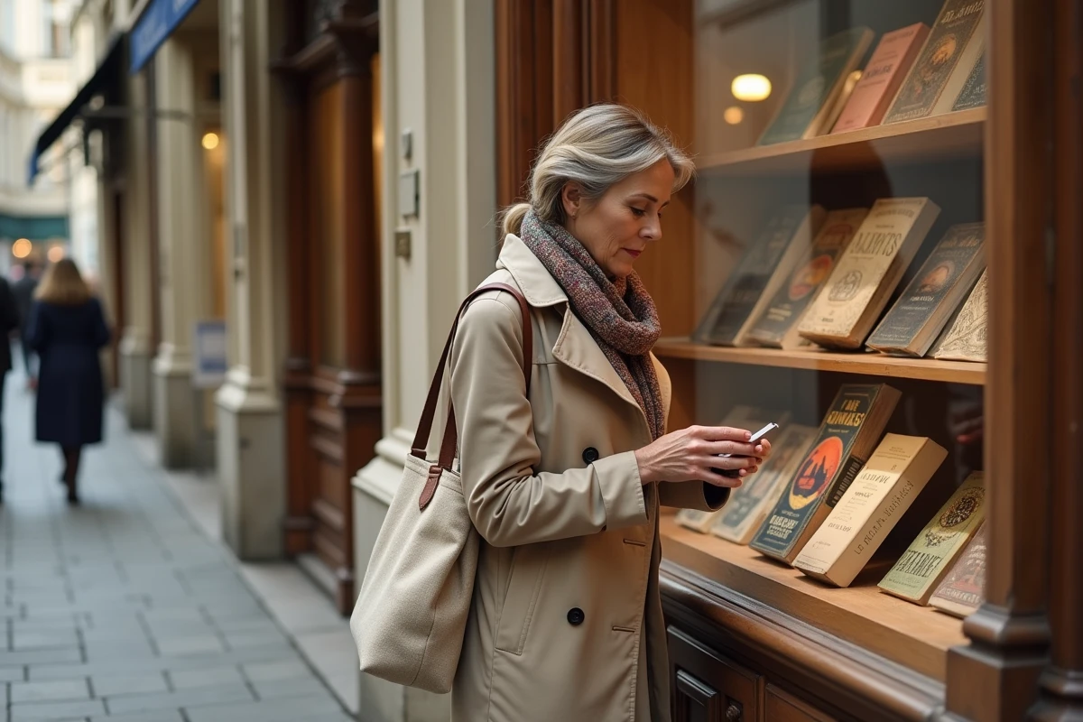 Femme parisienne devant une librairie ancienne dans la Galerie Vivienne, passage couvert du 2e arrondissement de Paris