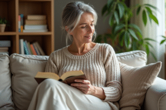 Femme lisant un livre dans un salon lumineux et cosy
