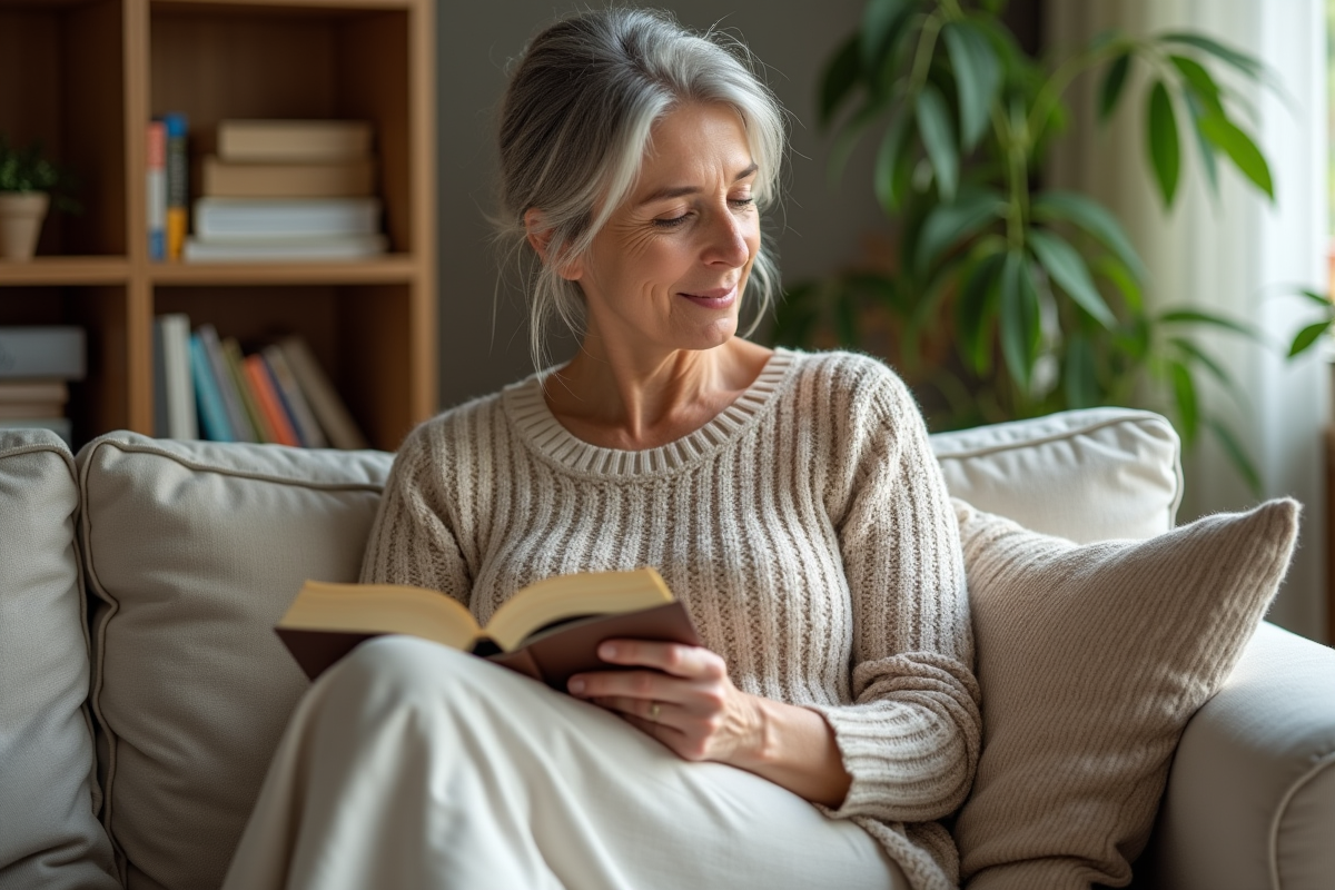 Femme lisant un livre dans un salon lumineux et cosy