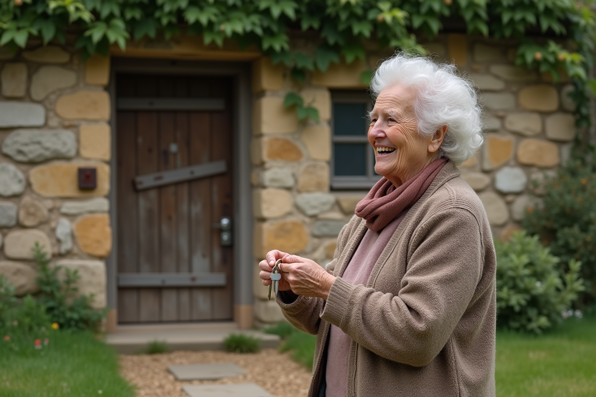 Femme âgée souriante devant une maison en pierre avec jardin