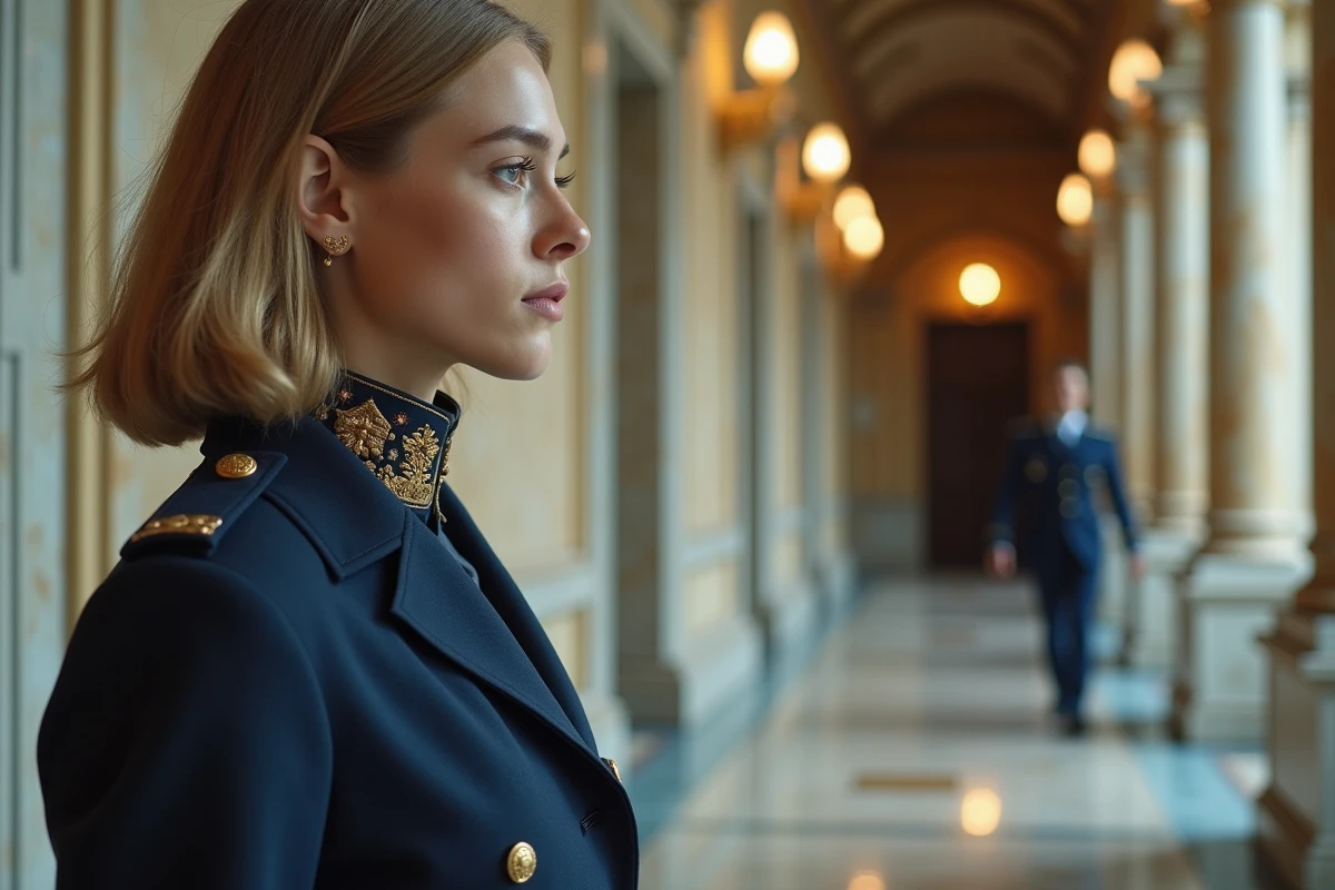 Jeune femme en uniforme dans un hall en marbre avec un regard pensif