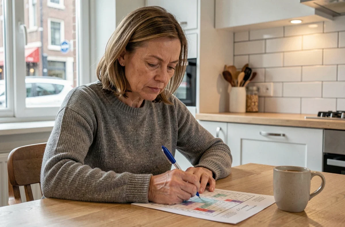 Femme concentrée remplissant une grille de mots croisés avec des villes de Belgique en trois lettres dans une cuisine moderne