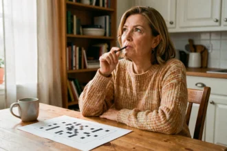 Femme concentrée résolvant des mots fléchés sur papier à une table en bois avec un café