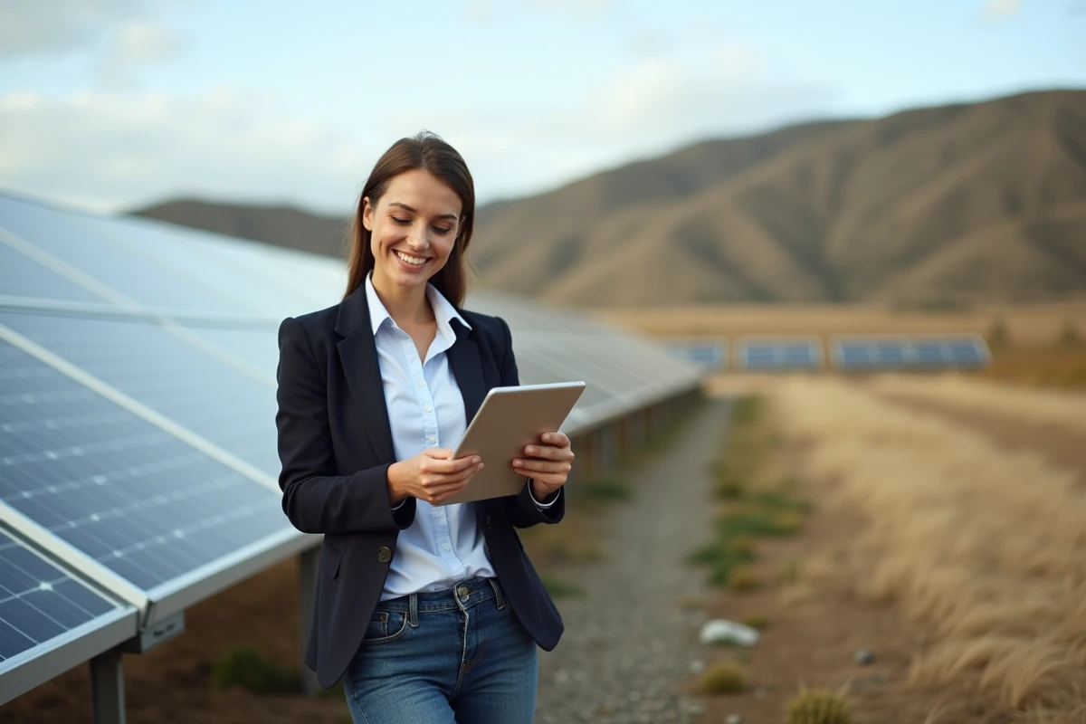 Femme souriante près de panneaux solaires avec tablette
