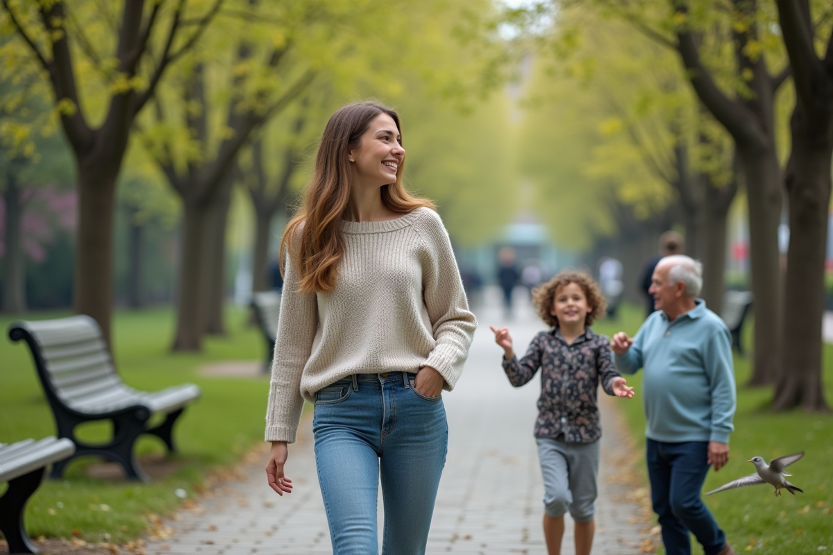 Femme marchant dans un parc avec enfants et oiseaux