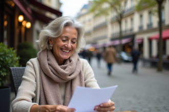 Femme souriante lisant un document à Paris