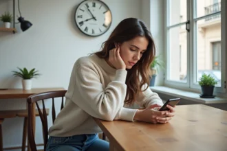 Jeune femme parisienne regarde son smartphone dans un appartement