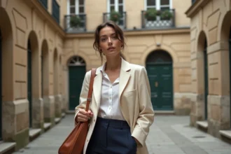 Femme parisienne élégante portant un blazer en lin crème et un sac en cuir cognac dans une cour haussmannienne