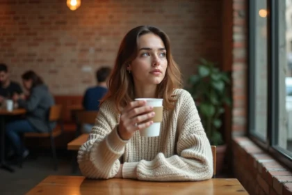 Jeune femme pensive dans un café tenant une tasse de café, perdue dans ses pensées et songeant à quelqu'un