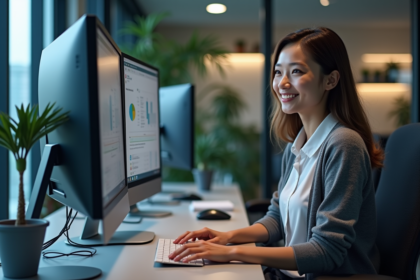 Jeune femme professionnelle travaillant sur un ordinateur avec dashboards d'automatisation