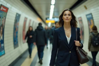 Femme professionnelle marchant rapidement dans un couloir de la station de métro ligne 13 à Paris avec un sac ordinateur en cuir