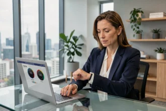 Femme professionnelle consultant un outil de fuseau horaire sur ordinateur pour planifier une réunion avec Sydney