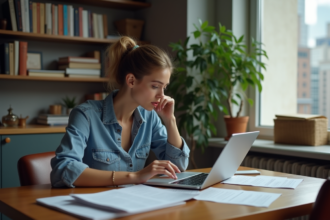 Femme pensive dans son appartement urbain avec papiers et tablette