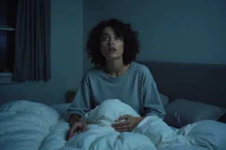 Femme réveillée en sursaut après un cauchemar, assise dans son lit la nuit, expression anxieuse et regard perdu dans l'obscurité de sa chambre